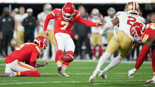 Harrison Butker kicks a field goal in Super Bowl LVIII.